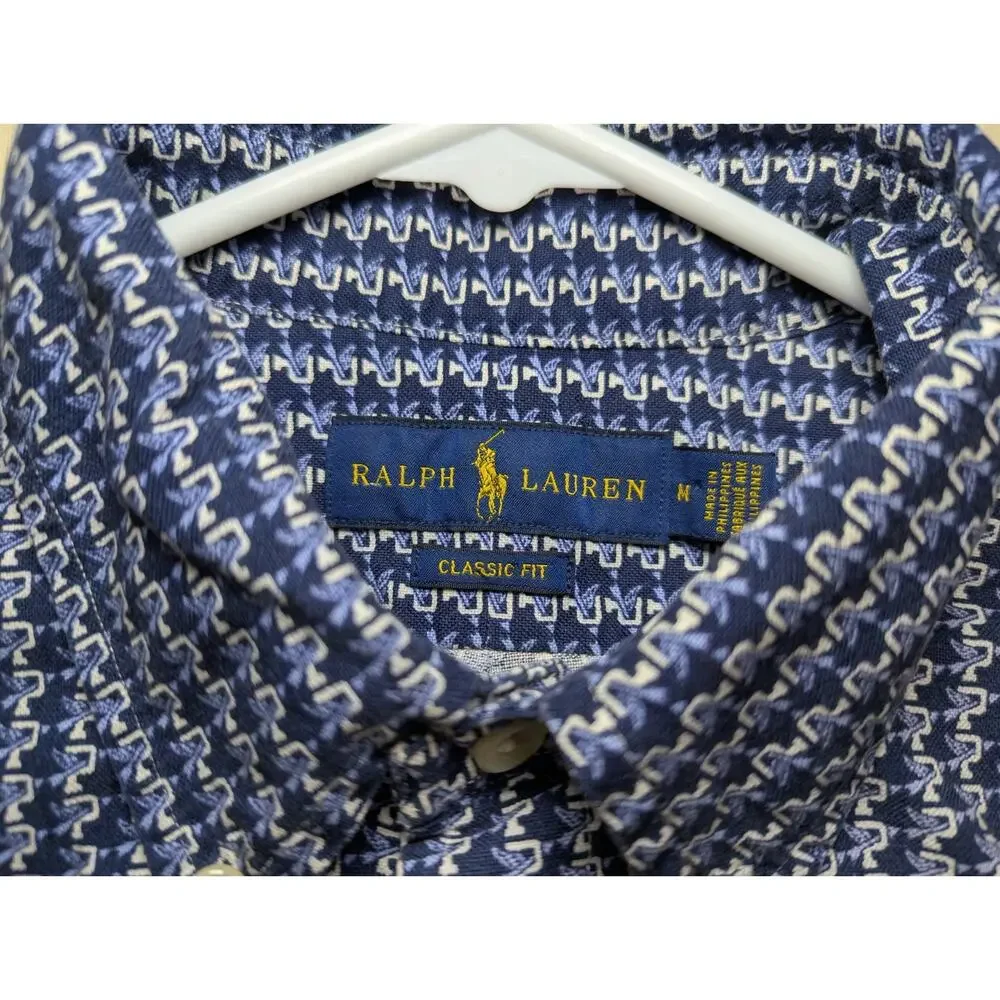 Polo Ralph Lauren Men's Medium Blue P Wing Print Cotton Button Down Shirt